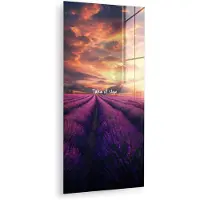 MuchoWow Glasschilderij 60x120 cm - Schilderij acrylglas - Lavendelveld - Quote - Zonsondergang - Foto op glas - Muurdecoratie woonkamer - Wanddecoratie slaapkamer - Schilderijen