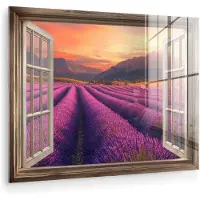 MuchoWow Glasschilderij 40x30 cm - Schilderij acrylglas - Doorkijk - Lavendel - Landschap - Bloemen - Paars - Foto op glas - Muurdecoratie woonkamer - Wanddecoratie slaapkamer - Schilderijen