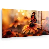 MuchoWow Glasschilderij 160x80 cm - Schilderij acrylglas - Vlinder - Bloemen - Oranje - Foto op glas - Muurdecoratie woonkamer - Wanddecoratie slaapkamer - Schilderijen