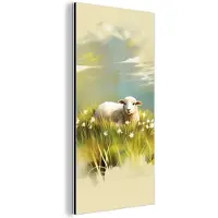 MuchoWow Aluminium schilderij 40x80 cm - Wanddecoratie metaal - Schaap - Weide - Groen - Metalen muurdecoratie woonkamer - Decoratie industrieel - Foto op dibond - Industriële accessoires slaapkamer