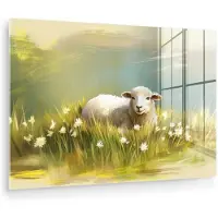 MuchoWow Glasschilderij 30x20 cm - Schilderij acrylglas - Schaap - Weide - Groen - Foto op glas - Muurdecoratie woonkamer - Wanddecoratie slaapkamer - Schilderijen