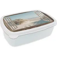 MuchoWow Broodtrommel Wit - Lunchbox Doorkijk - Helmgras - Duinen - Zee - Landschap - Brooddoos 18x12x6 cm - Brood lunch box - Broodtrommels voor kinderen en volwassenen