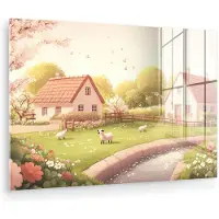 MuchoWow Glasschilderij 60x40 cm - Schilderij acrylglas - Schapen - Huisje - Platteland - Foto op glas - Muurdecoratie woonkamer - Wanddecoratie slaapkamer - Schilderijen