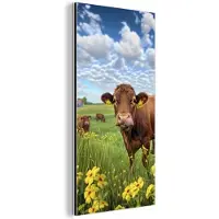 MuchoWow Aluminium schilderij 80x160 cm - Wanddecoratie metaal - Koe - Weide - Bloemen - Metalen muurdecoratie woonkamer - Decoratie industrieel - Foto op dibond - Industriële accessoires slaapkamer