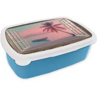 MuchoWow Broodtrommel Blauw - Lunchbox Doorkijk - Strand - Palmboom - Tropisch - Brooddoos 18x12x6 cm - Brood lunch box - Broodtrommels voor kinderen en volwassenen
