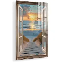 MuchoWow Glasschilderij 60x90 cm - Schilderij acrylglas - Doorkijk - Strand - Pad - Zonsondergang - Foto op glas - Muurdecoratie woonkamer - Wanddecoratie slaapkamer - Schilderijen