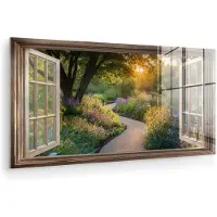 MuchoWow Glasschilderij 120x60 cm - Schilderij acrylglas - Doorkijk - Bloemen - Natuur - Zon - Pad - Foto op glas - Muurdecoratie woonkamer - Wanddecoratie slaapkamer - Schilderijen