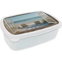 MuchoWow Broodtrommel Wit - Lunchbox Doorkijk - Strandstoelen - Duinen - Zee - Natuur - Brooddoos 18x12x6 cm - Brood lunch box - Broodtrommels voor kinderen en volwassenen