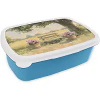 MuchoWow Broodtrommel Blauw - Lunchbox Houten bankje - Bloempotten - Landschap - Brooddoos 18x12x6 cm - Brood lunch box - Broodtrommels voor kinderen en volwassenen
