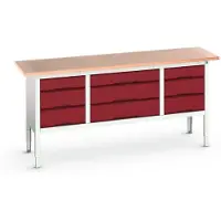Bott verso box-type werkbank, met multiplex blad, 9 laden, B 2000 x D 600 x H 830 - 930 mm, lichtgrijs RAL 7035 / paars RAL 3004
