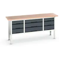 Bott verso box-type werkbank, met multiplex blad, 9 laden, B 2000 x D 600 x H 830 - 930 mm, lichtgrijs RAL 7035 /6 antracietgrijs RAL 701