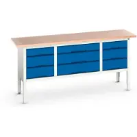 Bott verso werkbank, tot 800 kg, 9 laden, B 2000 x D 600 x H 930 mm, beuken multiplex, staal, lichtgrijs RAL 7035 / gentiaanblauw 5010