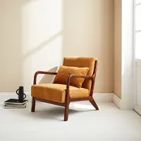 Sweeek Scadinavische fauteuil van walnootkleurig hout en corduroy Oker