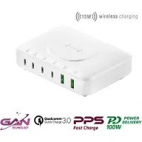 4smarts Bureaulader 100 W 2x USB-A, 4x USB-C, Qi-standaard Quick Charge 3.0, USB PD Wit Binnen GaN, USB Power Delivery (USB-PD), Wireless Charger