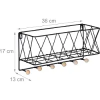 Relaxdays wandrek met haken - metaal en hout - rooster design - 6 haken - 17 x 36 x 13 cm - zwart