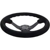 Nrg Reinforced Steering Wheel (350mm / 3in. Deep) Blk Suede/Red BBall Stitch w/5mm Matte Blk Spokes