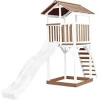 Axi Beach Tower Speeltoestel van hout in Bruin en Wit | Speeltoren met zandbak en witte Glijbaan | Speelhuis op palen voor de tuin