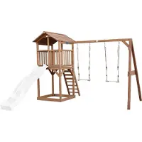 Axi Beach Tower Speeltoestel van hout in Bruin | Speeltoren met zandbak, dubbele schommel en witte Glijbaan | Speelhuis op palen voor de tuin