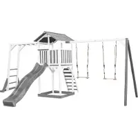Axi Beach Tower Speeltoestel van hout in Grijs en Wit | Speeltoren met zandbak, klimrek, dubbele schommel en grijze Glijbaan | Speelhuis op palen voor de tuin