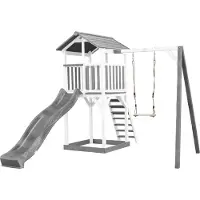 Axi Beach Tower Speeltoestel van hout in Grijs en Wit | Speeltoren met zandbak, schommel en grijze Glijbaan | Speelhuis op palen voor de tuin