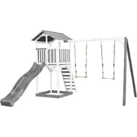 Axi Beach Tower Speeltoestel van hout in Grijs en Wit | Speeltoren met zandbak, dubbele schommel en grijze Glijbaan | Speelhuis op palen voor de tuin