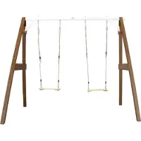 Axi Dubbele Schommel van hout in wit & bruin | Vrijstaande schommel voor kinderen met houten schommelzitjes | Schommelset dubbel voor tuin / buiten