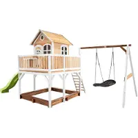 Axi Liam Speelhuis op palen, zandbak, nestschommel & limoen groene Glijbaan | Speelhuisje voor de tuin / buiten in bruin & wit van hout | Speeltoestel voor kinderen