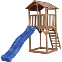 Axi Beach Tower Speeltoestel van hout in Bruin | Speeltoren met zandbak en blauwe Glijbaan | Speelhuis op palen voor de tuin