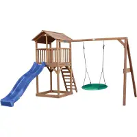 Axi Beach Tower Speeltoestel van hout in Bruin | Speeltoren met zandbak, nestschommel en blauwe Glijbaan | Speelhuis op palen voor de tuin