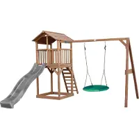 Axi Beach Tower Speeltoestel van hout in Bruin | Speeltoren met zandbak, nestschommel en grijze Glijbaan | Speelhuis op palen voor de tuin