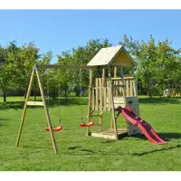 Wendi Toys Houten speeltoren salamander glijbaan, klimwand en 2 schommels