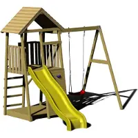 Wendi Toys kinderspeelhuis, klimtoren "Biene" met glijbaan, klimwand en schommel, hout/geel