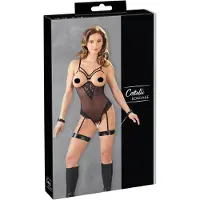 Cottelli Bondage - body met metalen ringen en polsboeien - zwart - M