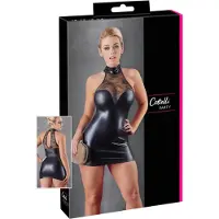 Cottelli - minijurk met kant en glans - halternek - zwart - XL