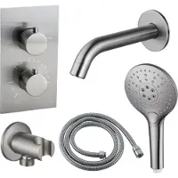 FortiFura Calvi Badkraan set - uitloop - 22cm inkortbaar - metalen slang - ronde handdouche - inbouwdeel - wandhouder - geborsteld RVS PVD SW542645/SW706208/SW1159493/SW1122512/SW799447