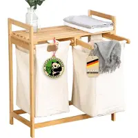 Floordirekt Dakota Wasmand van Bamboe - Wasverzamelaar met 2 Vakken - Wasmand voor Vuile Was - Houten Wassorteerder met grote wasbox