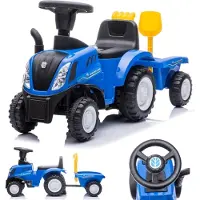 Sun baby Loopauto Kinderschuifauto New Holland, tractor met aanhanger, kindervoertuig loopauto met claxon, kunststof (Blauw)