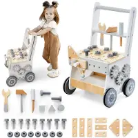 Mamabrum Houten Kinder Loopwagen en Werkbank 3-in-1 vanaf 1 Jaar - Baby Walker met Gereedschap en Activiteiten - Leren Lopen