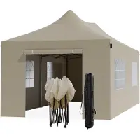 LifeGoods Partytent - Paviljoen - EasyUp - Opvouwbaar - 4 Zijwanden - Waterdicht - Met Draagtas met wieltjes - 300 x 600 cm - Beige