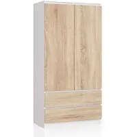 Akord Kleidingkast S90 met 2 Deuren en 2 Lades / Furniture Factory / Wit – Sonoma Eik / 90 x 180 x 51 cm