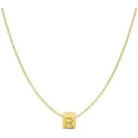 New Bling 9NBG-909R Gouden Letterhanger met Ketting - Letter R - Kubus - 4x4x4mm - Ankerschakel - 0,9 mm Breed - Lengte 38+4+3cm - 14 Karaat - Geelgoud