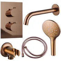 FortiFura Calvi Badkraan set - uitloop - 22cm inkortbaar - gladde slang - ronde handdouche - inbouwdeel - wandhouder - PVD - geborsteld koper SW799407/SW970045/SW970047/SW1122515/SW1159496