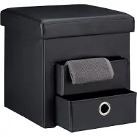 Relaxdays opvouwbare zitkist met 2 lades, poef, krukje, kunstleer, hocker, kruk zwart