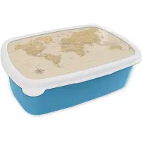 MuchoWow Broodtrommel Blauw - Lunchbox Wereldkaart - Realistisch - Beige - Brooddoos 18x12x6 cm - Brood lunch box - Broodtrommels voor kinderen en volwassenen