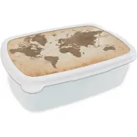 MuchoWow Broodtrommel Wit - Lunchbox Wereldkaart - Beige - Bruin - Brooddoos 18x12x6 cm - Brood lunch box - Broodtrommels voor kinderen en volwassenen