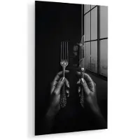 MuchoWow Glasschilderij 20x30 cm - Schilderij acrylglas - Bestek - Zwart - Wit - Foto op glas - Muurdecoratie woonkamer - Wanddecoratie slaapkamer - Schilderijen
