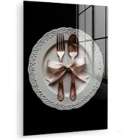 MuchoWow Glasschilderij 90x120 cm - Schilderij acrylglas - Rose - Strik - Bestek - Foto op glas - Muurdecoratie woonkamer - Wanddecoratie slaapkamer - Schilderijen