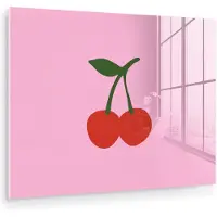 MuchoWow Glasschilderij 40x30 cm - Schilderij acrylglas - Kersen - Roze - Illustratie - Foto op glas - Muurdecoratie woonkamer - Wanddecoratie slaapkamer - Schilderijen