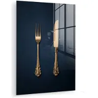 MuchoWow Glasschilderij 30x40 cm - Schilderij acrylglas - Bestek - Donkerblauw - Goud - Foto op glas - Muurdecoratie woonkamer - Wanddecoratie slaapkamer - Schilderijen