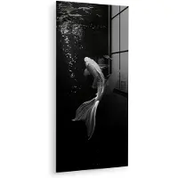 MuchoWow Glasschilderij 40x80 cm - Schilderij acrylglas - Koi - Vis - Wit - Zwart - Foto op glas - Muurdecoratie woonkamer - Wanddecoratie slaapkamer - Schilderijen